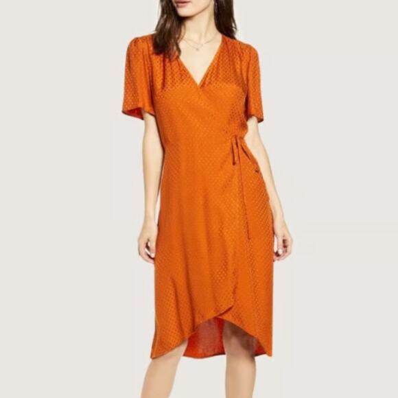 LEITH Orange Dot Wrap Dress 100% Viscose Short Sleeve Sz M - Picture 1 of 8